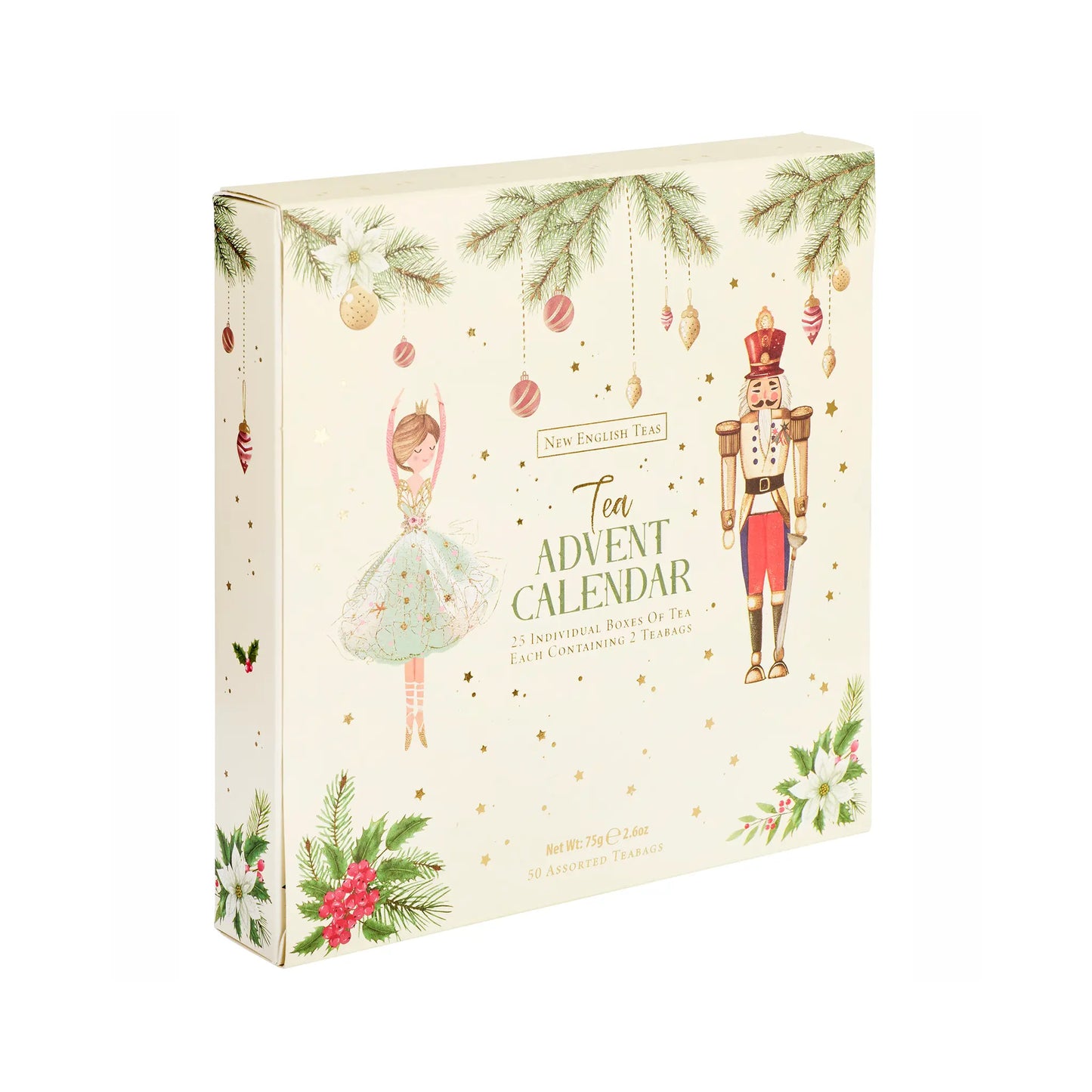 New England Teas Tea Advent Calendar box featuring a cream-colored background decorated with illustrations of a ballerina, a nutcracker, pine branches, ornaments, and gold glitter dots.