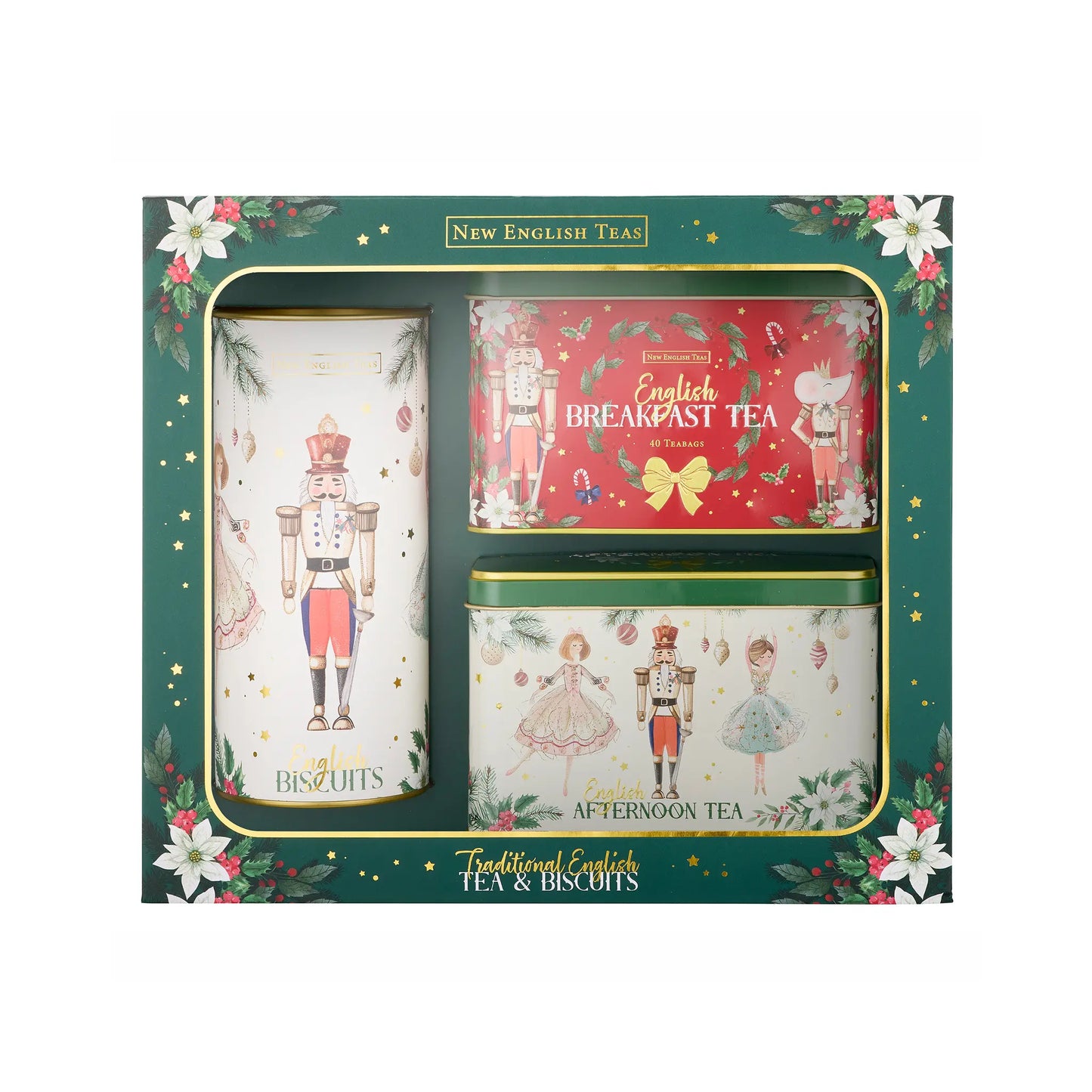 New English Tea Traditional English Tea & Biscuits gift set in a dark green box with floral borders. The set includes a large tin of Biscuits, a tin of Breakfast Tea, and a tin of Afternoon Tea, all decorated with festive nutcracker and ballerina illustrations.