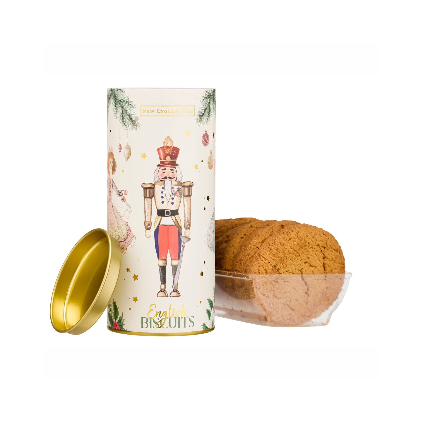 A cylindrical tin of English Biscuits with a nutcracker illustration and a gold lid leaning beside it, next to a clear plastic container holding several round golden-brown biscuits on a white background.