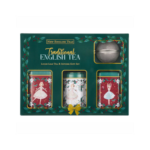New English Tea Traditional English Tea loose leaf tea and infuser gift set in a dark green box with holly borders and three illustrated tea tins, plus a silver ball infuser.