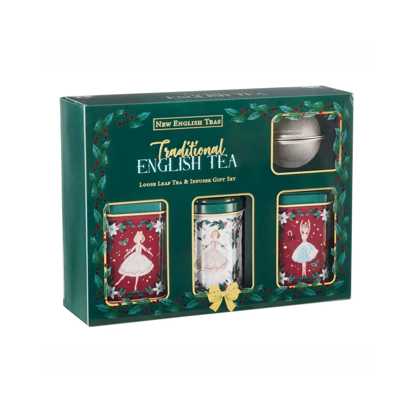 New English Tea Traditional English Tea Loose Leaf Tea & Infused Gift Set in a dark green box with festive holly and gold lettering, showing three decorated tea tins and a tea ball through clear windows.