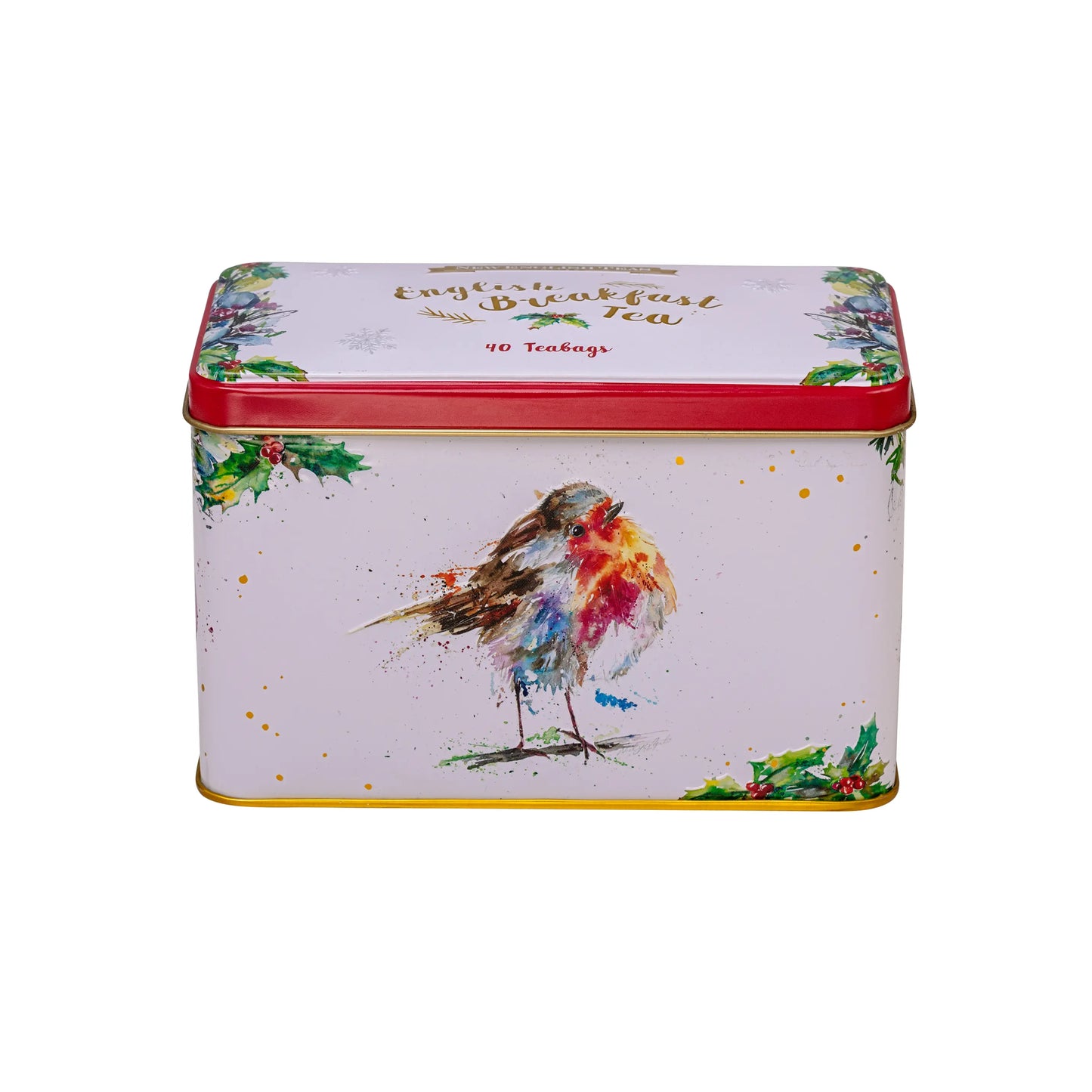 Tea tin with a colorful robin bird illustration on a white background
