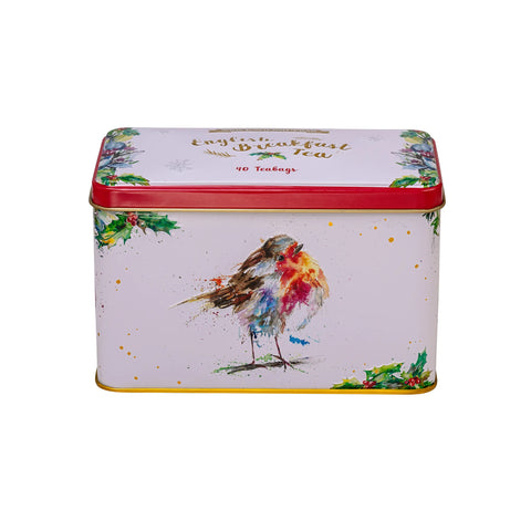 Tea tin with a colorful robin bird illustration on a white background