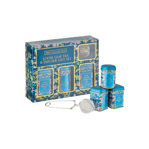 Loose leaf tea and infuser gift set with decorative packaging on a white background