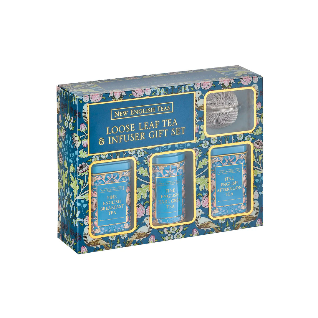 Gift set packaging for loose leaf tea and infuser with floral design on a white background