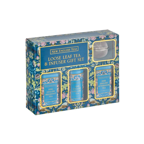 Gift set packaging for loose leaf tea and infuser with floral design on a white background