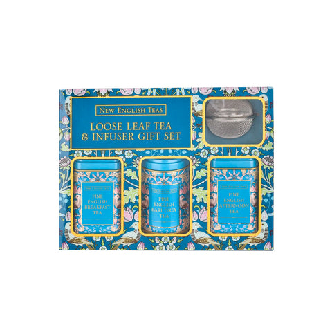 Gift set packaging for loose leaf tea and infuser with floral design inspired by William Morris