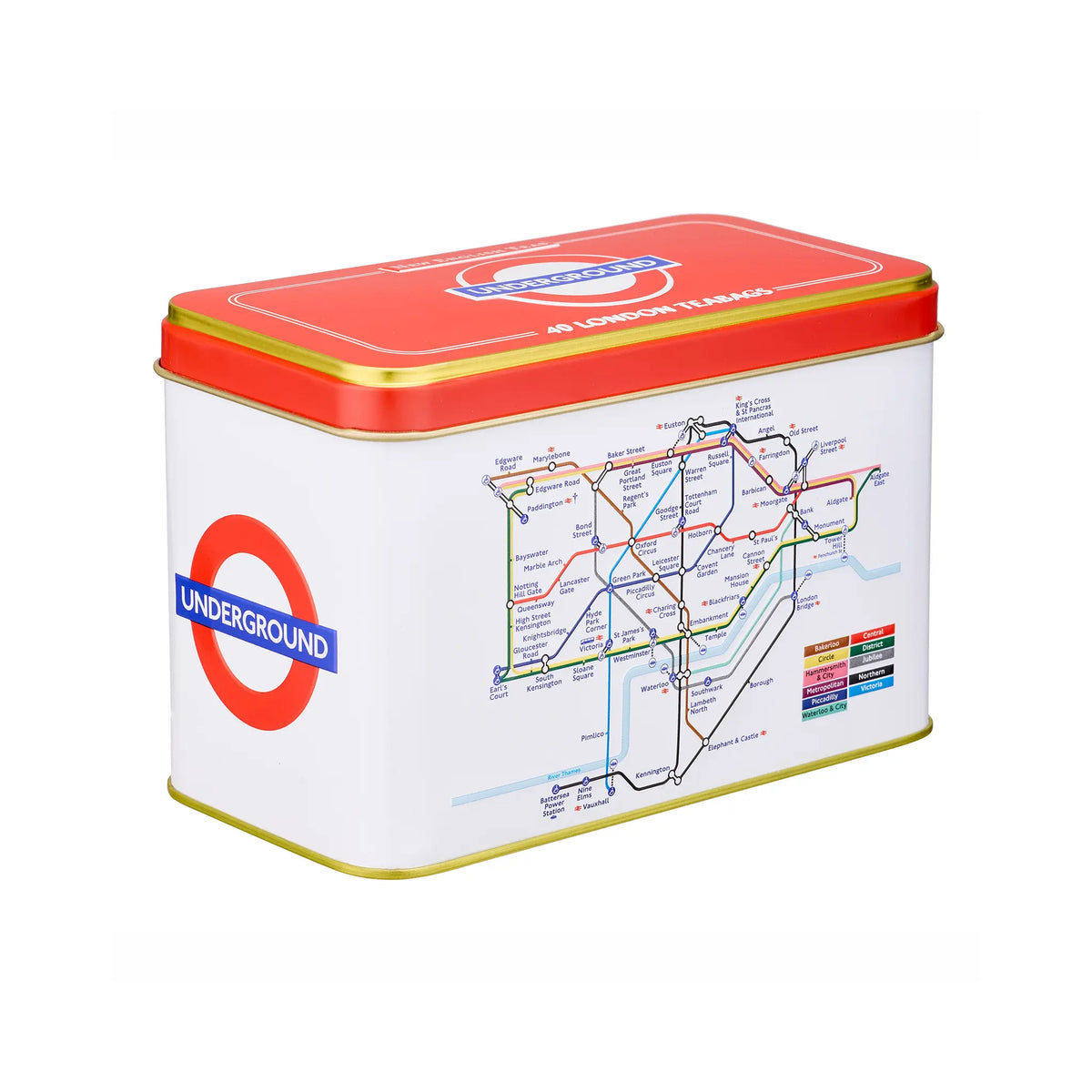 A square metal tin featuring the London Underground map design, with a red lid, white body, and printed red, blue, green, yellow, and orange line artwork on a clean white background.