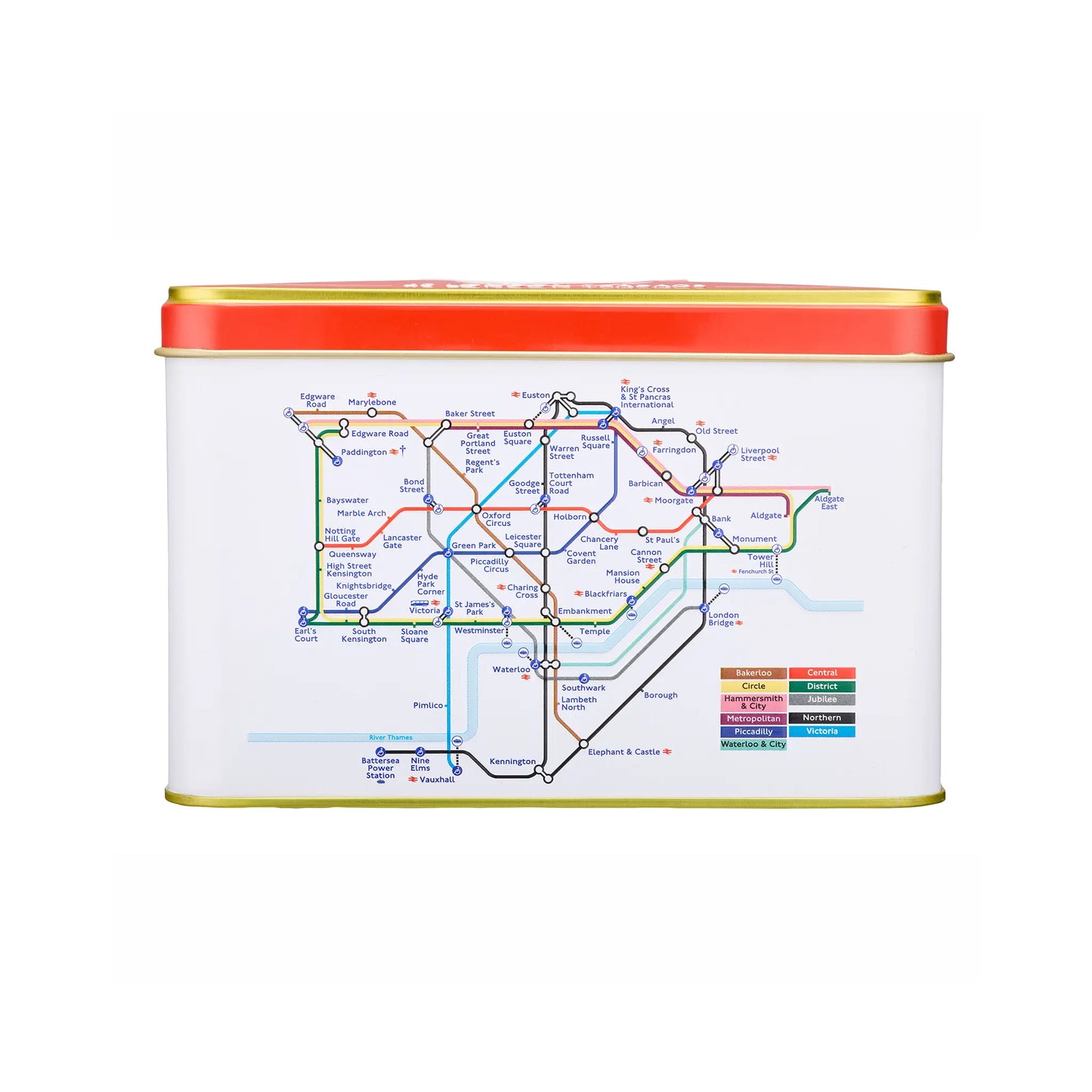 A rectangular metal tin with a white body printed with a colorful transit map design, topped with a bright orange-red lid and finished with gold-toned edging, shown on a plain white background.