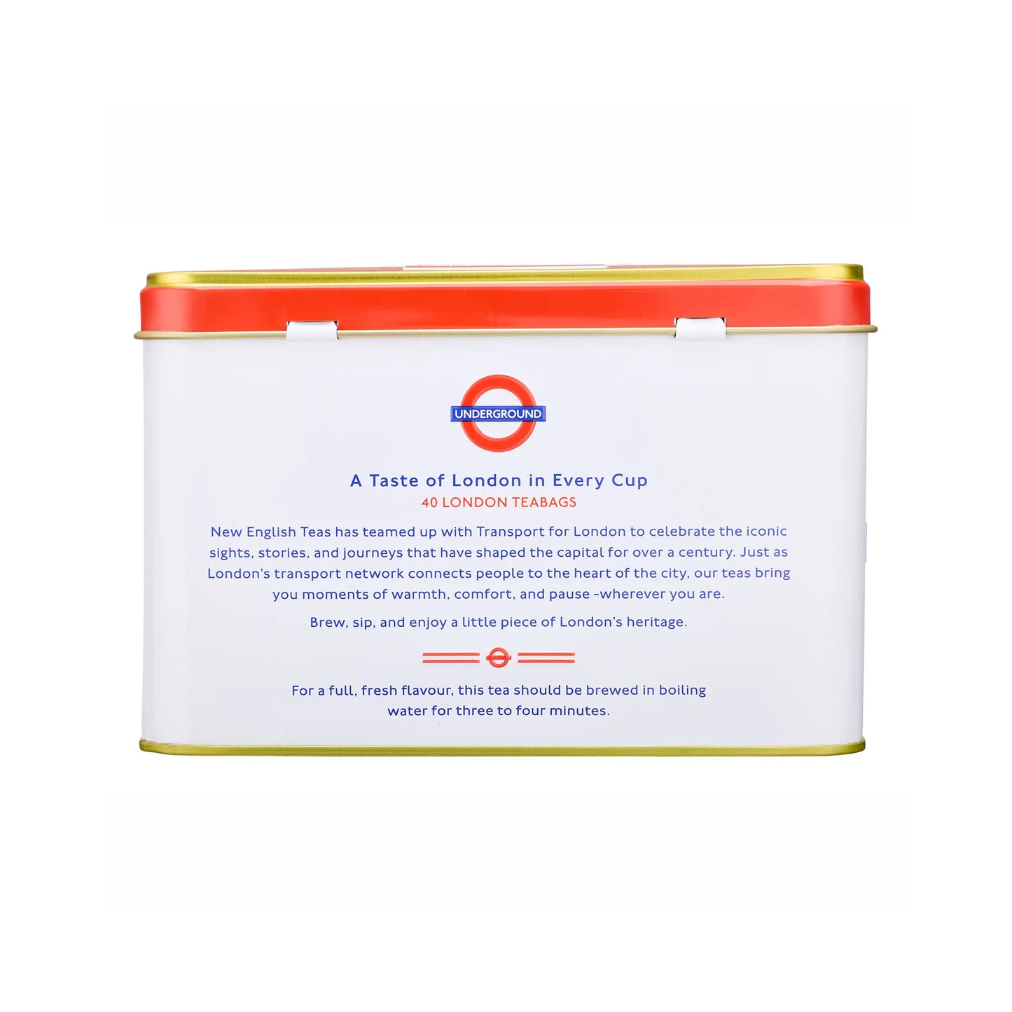 A white cylindrical metal tea tin with a red lid and gold trim, featuring the 'New Tea of London' and 'Transport for London' collaboration branding on the front, set against a plain white background.