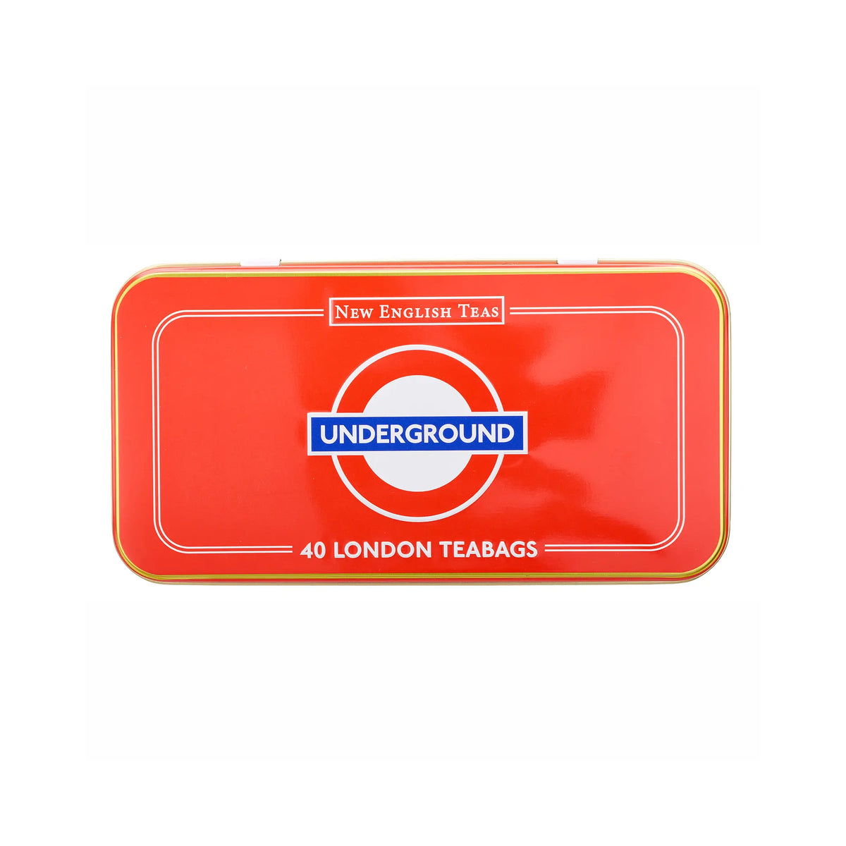 A red rectangular metal tin of New English Teas featuring the London Underground roundel logo and the text 'UNDERGROUND' and '40 LONDON TEABAGS' on a white background.