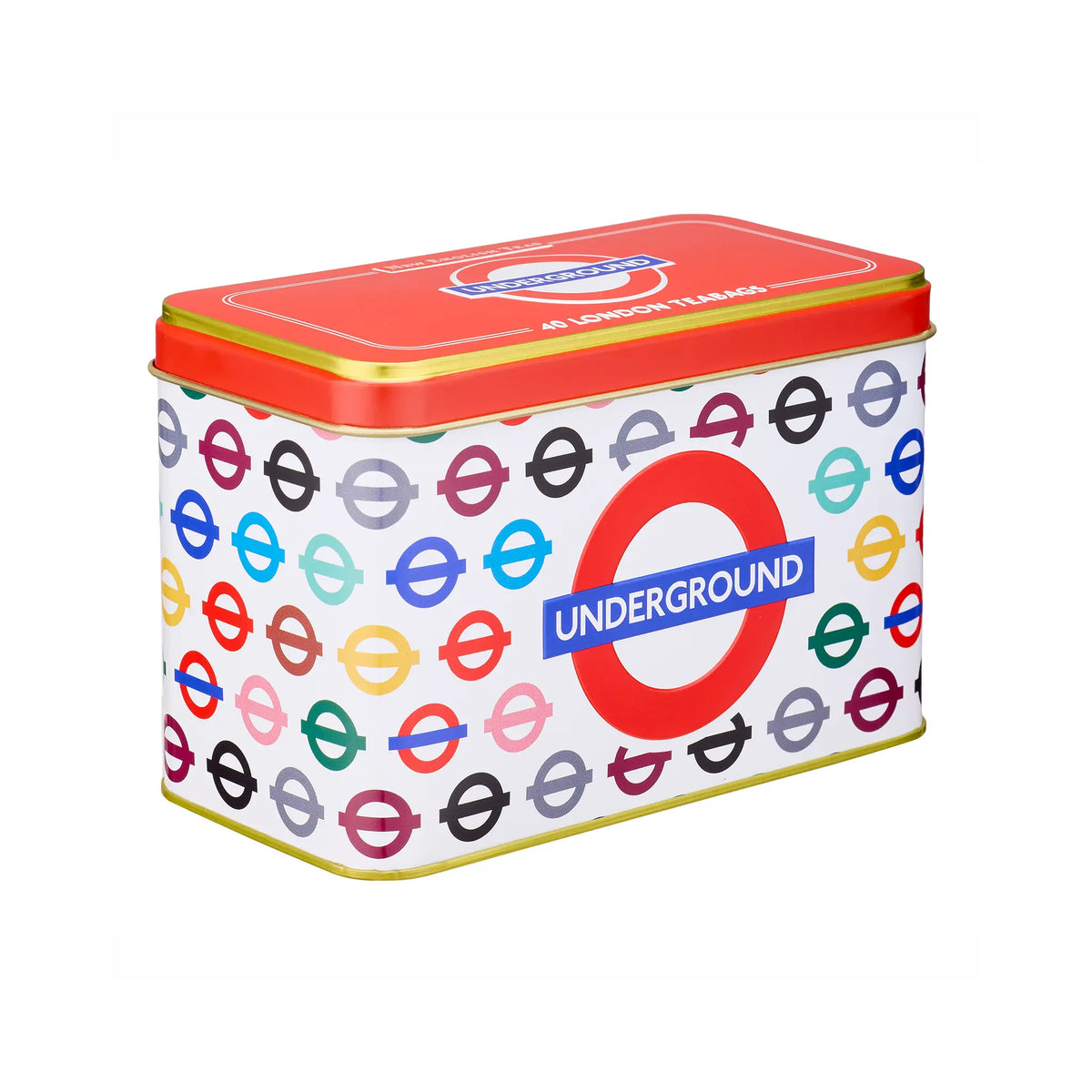 A square metal tin with a red lid and a white body printed with colorful London Underground roundel logos and a large red-and-blue Underground roundel on the front, shown on a plain white background.