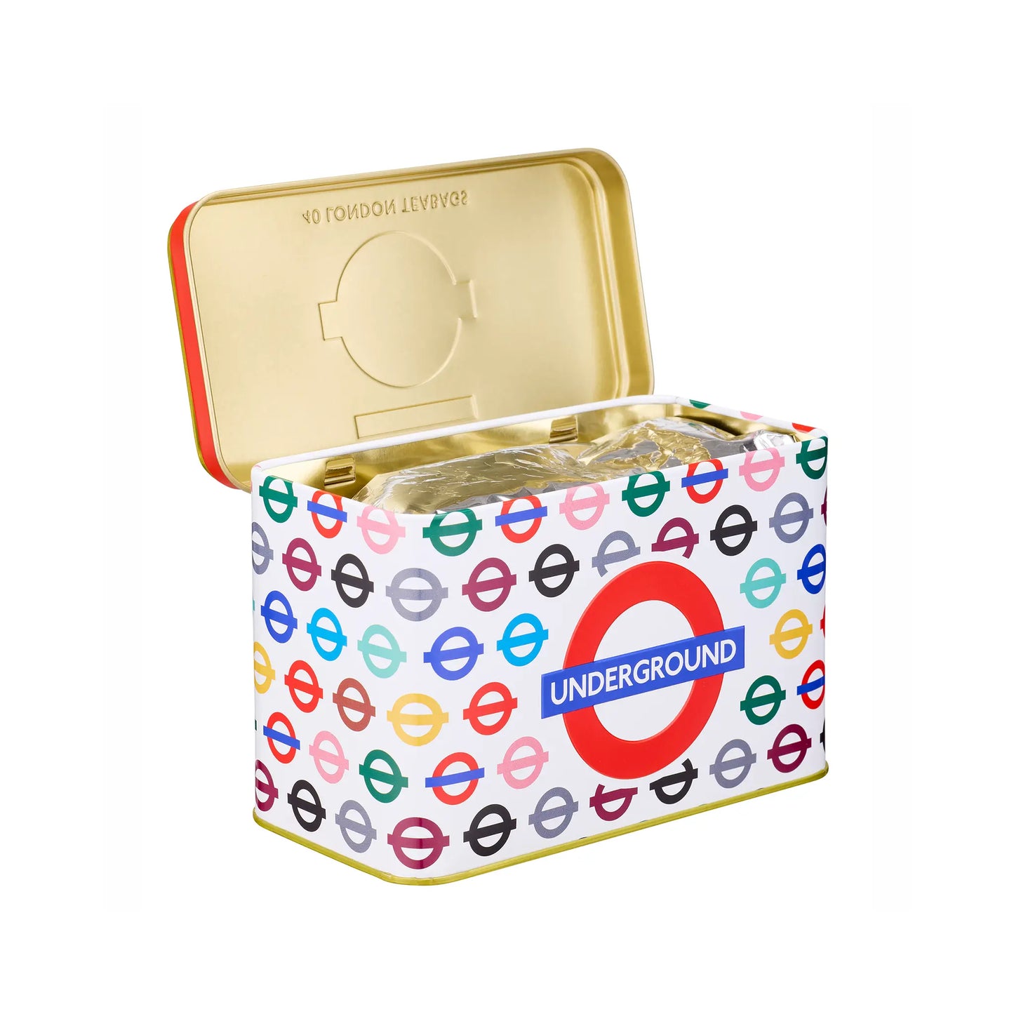 A London Underground-themed tin of tea with an open gold lid, featuring a white body covered in colorful roundel logos and a large red Underground roundel on the front.