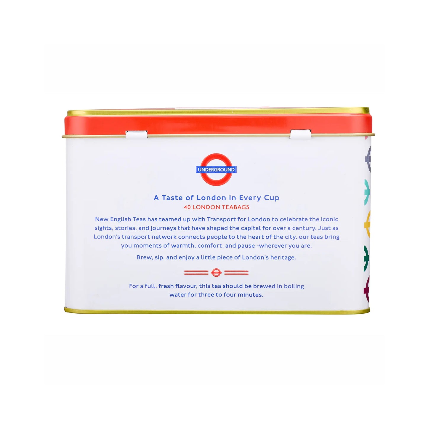 A cylindrical metal tea tin with a white label, gold rim, and red lid, featuring Transport for London branding and text reading 'A Taste of London in Every Cup' and '40 LONDON TEABAGS'.