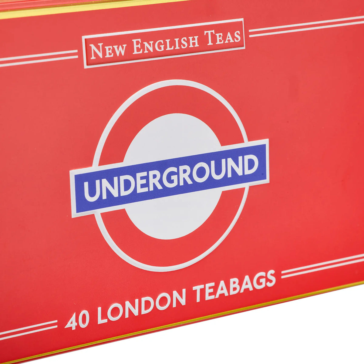 A close-up of a red tea bag box featuring the London Underground roundel logo and the text 'New English Teas' and '40 London Teabags'.