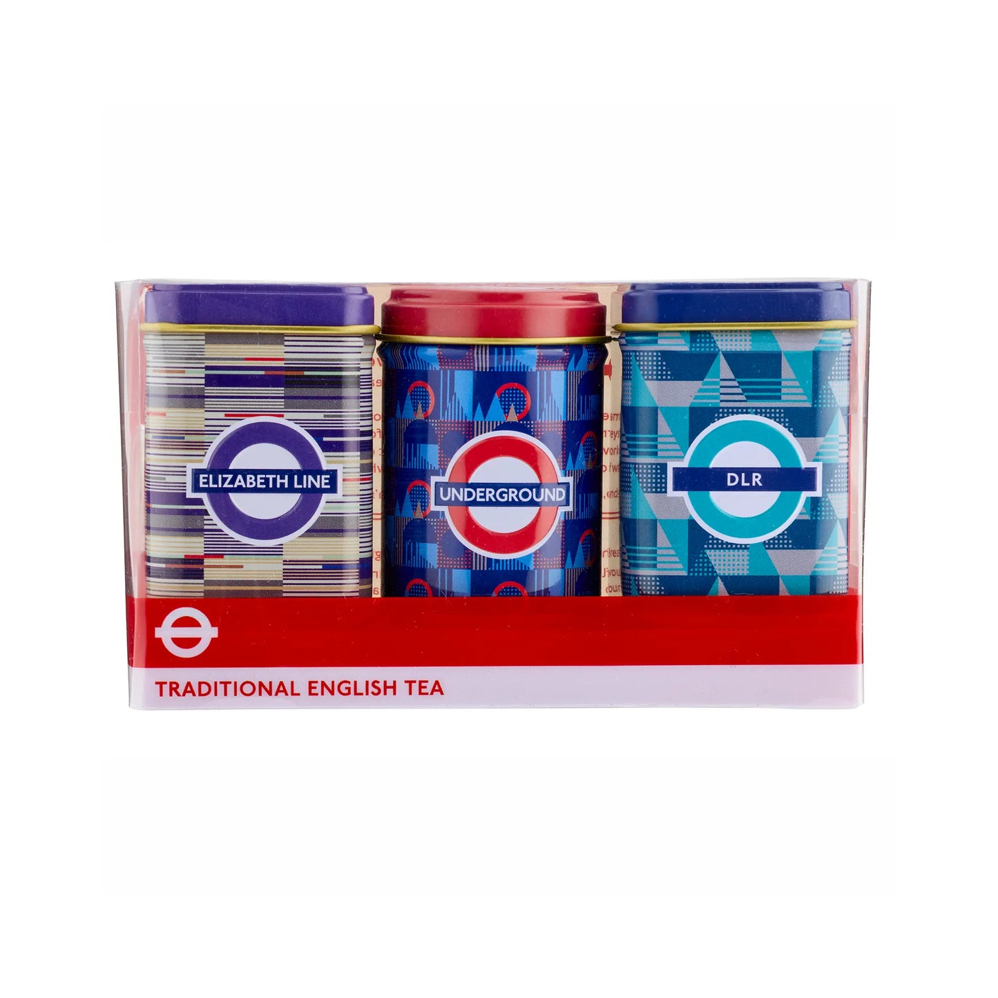 A boxed set of three traditional English tea tins with London Underground-themed designs. The set includes an Elizabeth Line tin, a Underground tin, and an OLR tin, all in blue, red, and purple tones, packaged in a clear plastic box with a red band at the bottom.