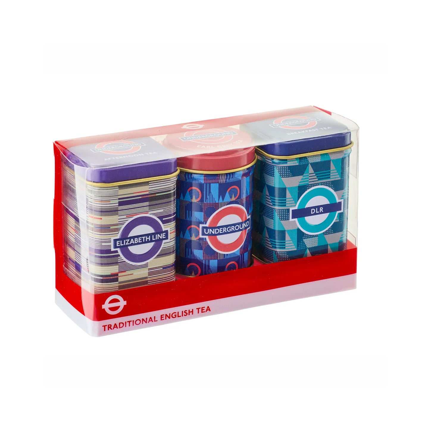 A boxed set of three traditional English tea tins with London Underground-themed designs, including Elizabeth Line, Underground, and DLR, in clear packaging with a red base.
