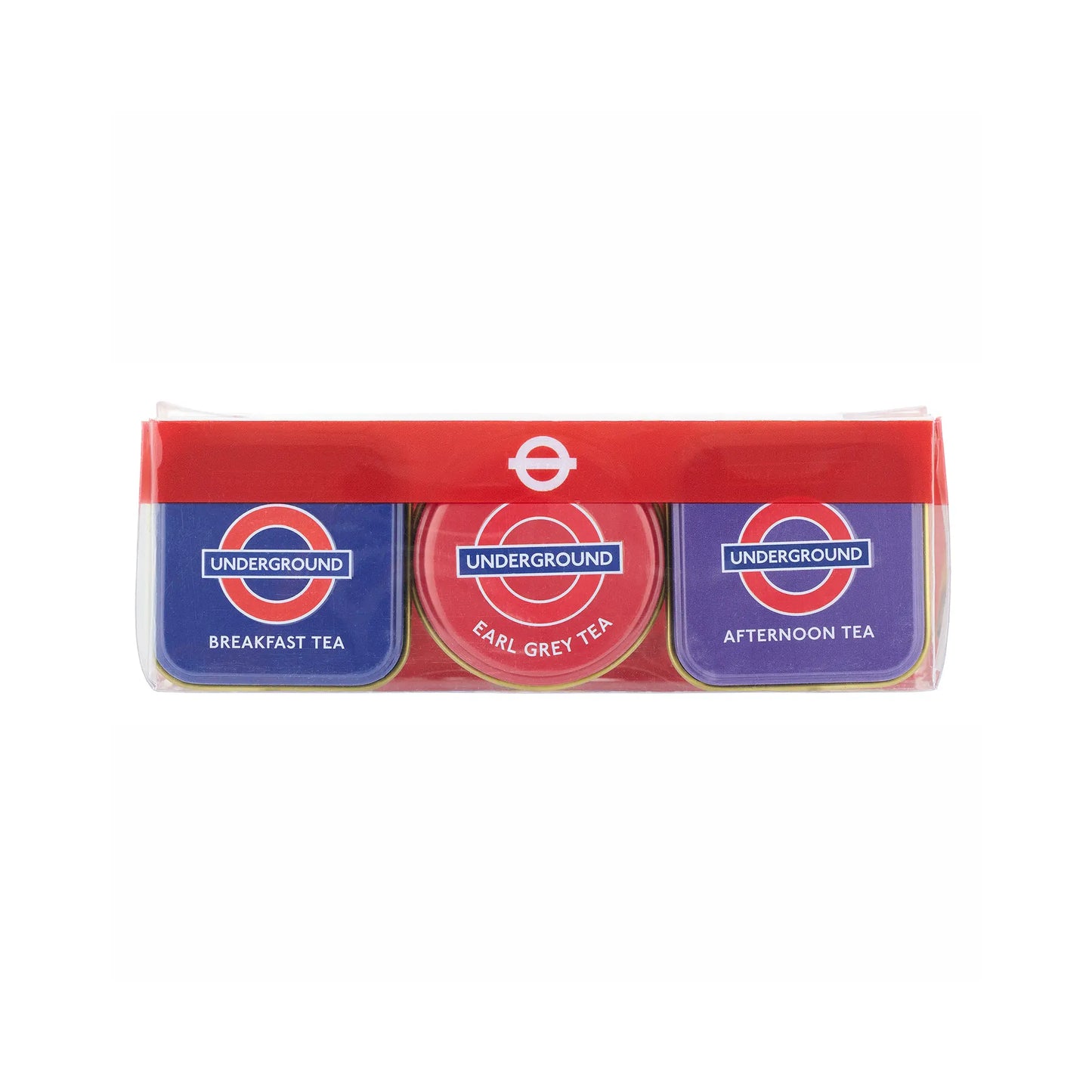 A three-pack of London Underground themed tea tins in a clear plastic clamshell package. The tins feature the iconic roundel logo and text 'UNDERGROUND' with 'BREAKFAST TEA', 'EARL GREY TEA', and 'AFTERNOON TEA' printed below.