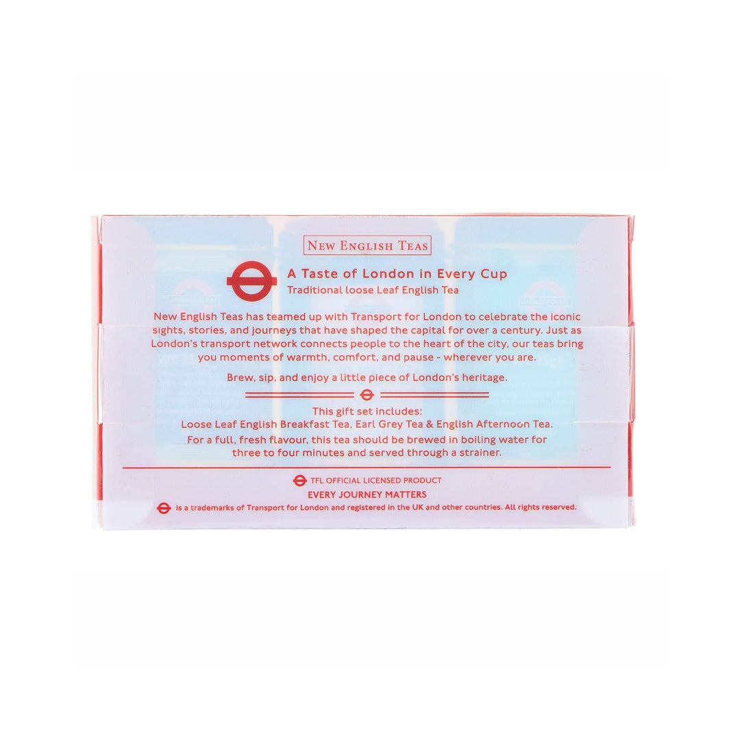 New English Tea 'A Taste of London in Every Cup' traditional loose leaf English tea gift set packaging box, featuring a white background with red text and logo, and a small blue Transport for London.