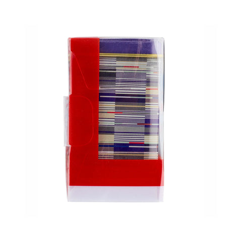 A red plastic card holder or card sleeve with a clear window showing one of three mini tea tins, isolated on a white background.
