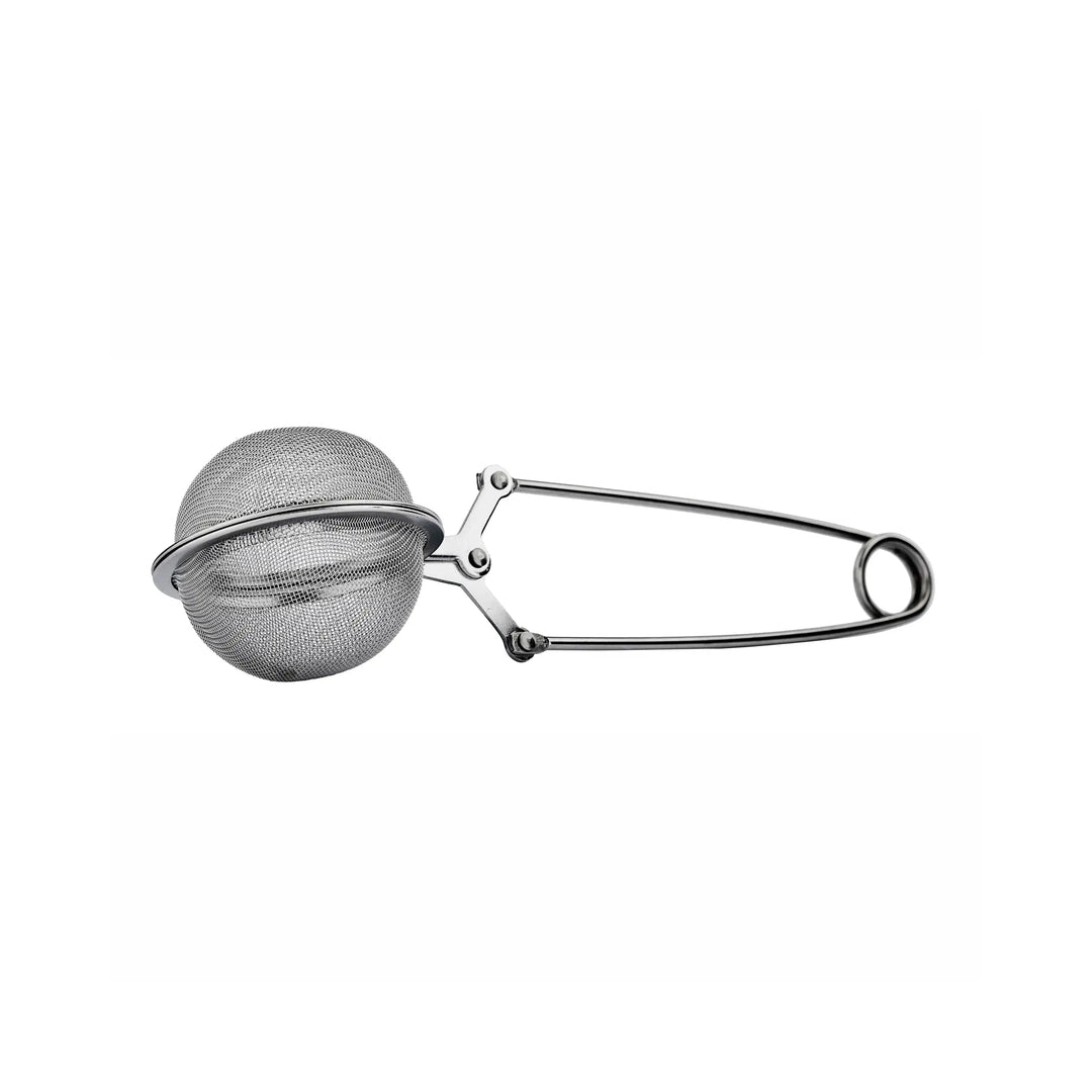 A stainless steel ball tea infuser with a safety pin handle, shown on a plain white background.