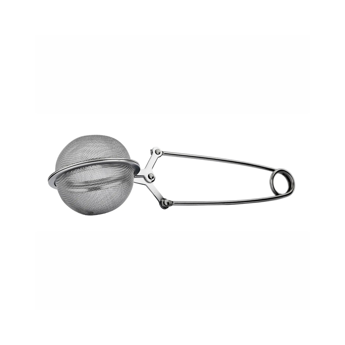 A stainless steel ball tea infuser with a safety pin handle, shown on a plain white background.