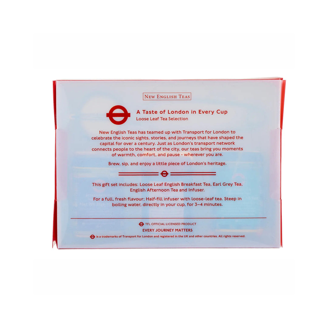 The back of a New English Tea Loose Leaf Tea Selection gift set box, featuring red and white packaging with descriptive text and the Transport for London logo.