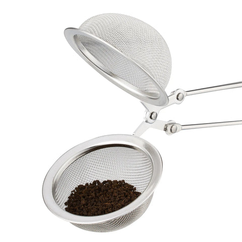 Metallic tea infuser with a mesh lid and base on a white background