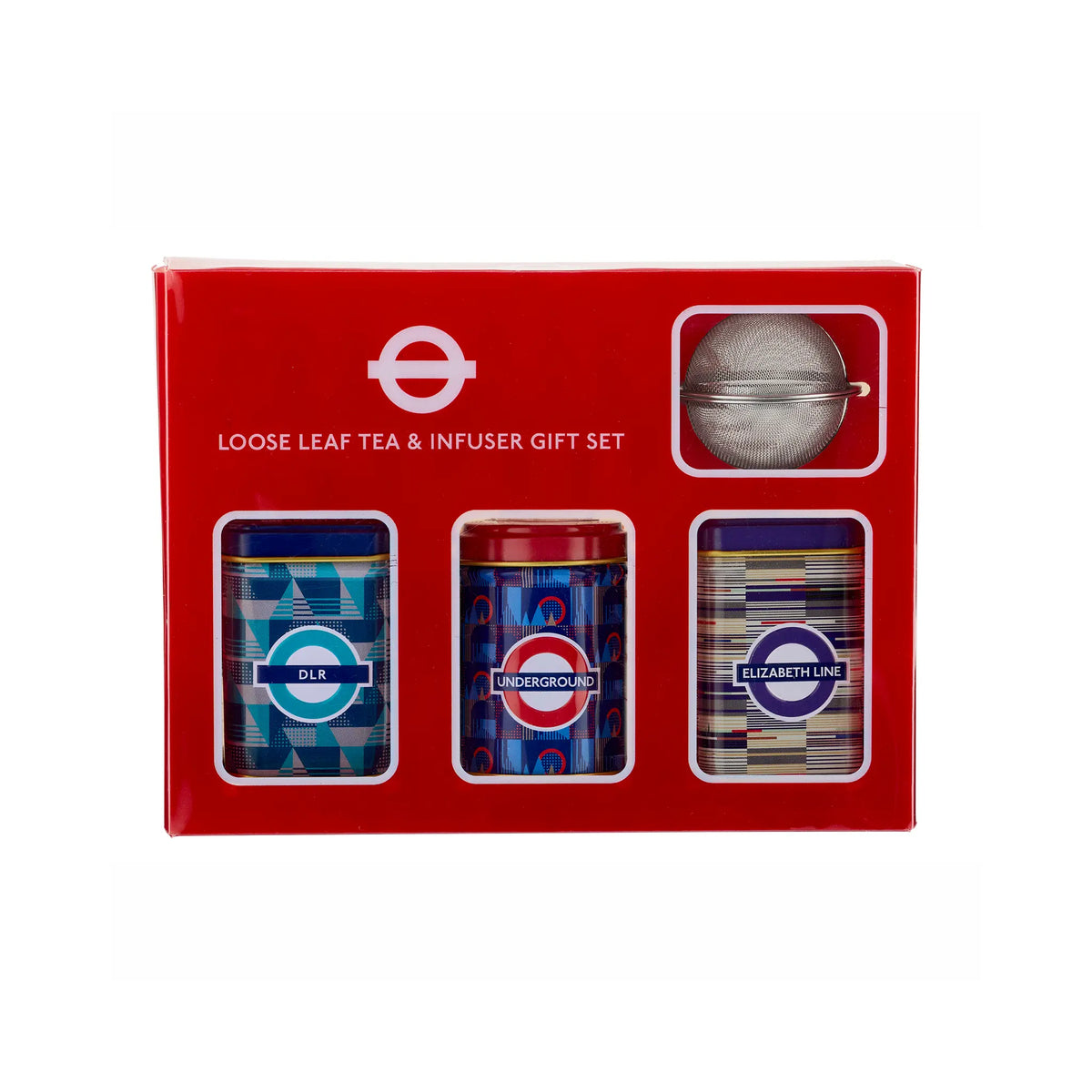 A red London Underground-themed loose leaf tea and infuser gift set in its original packaging, featuring three tea tins and a metal infuser.