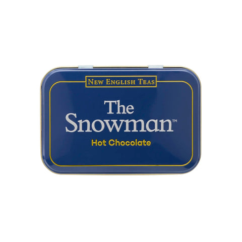 Blue tin lid of 'The Snowman' hot chocolate from New English Teas