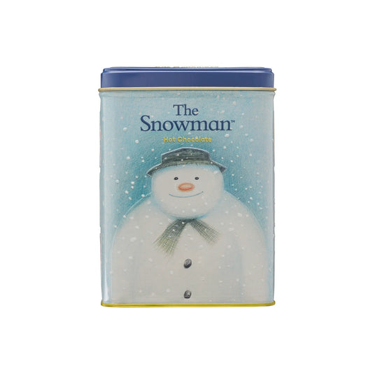 Tin packaging of 'The Snowman' Hot Chocolate with a snowman illustration on a white background