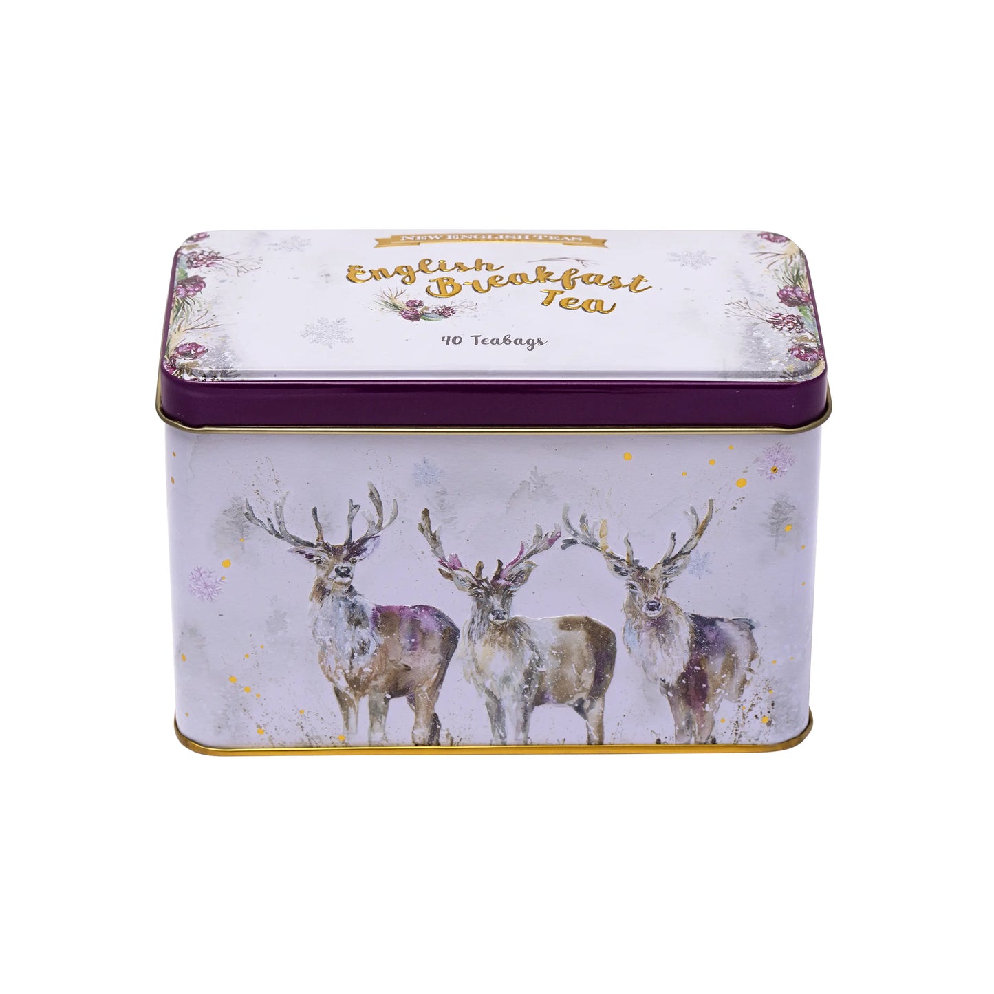 Tea tin with deer design and 'English Breakfast Tea' text on a white background