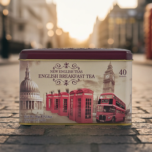 Tea tin with London-themed design featuring Big Ben, red telephone boxes, and a double-decker bus on a blurred street background.
