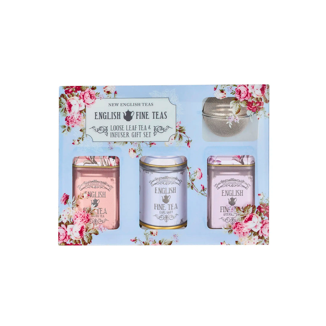 English Fine Teas gift set with tea tins and infuser on a floral background