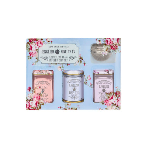 English Fine Teas gift set with tea tins and infuser on a floral background