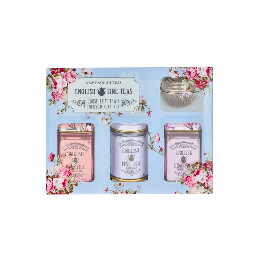 English Fine Teas gift set with tea tins and infuser on a floral background