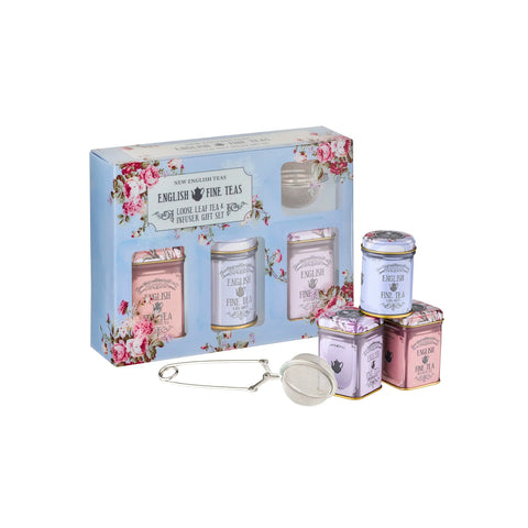 Tea set with floral packaging and tea tins on a white background