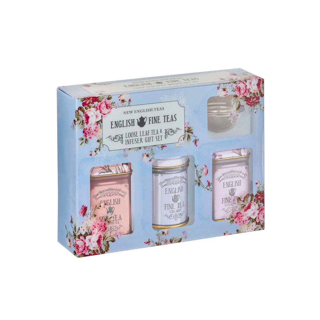 English Fine Teas loose leaf tea and infuser gift set packaging with floral design
