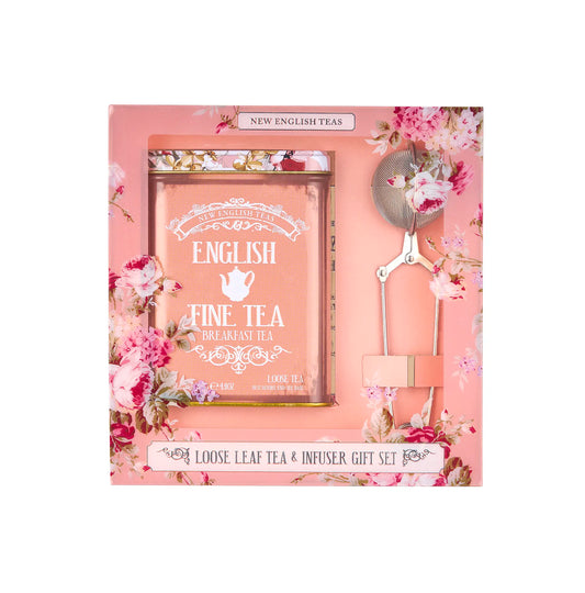 Loose leaf tea and infuser gift set with floral design on packaging