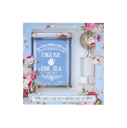 Loose Earl Grey tea and infuser gift set with floral design on packaging