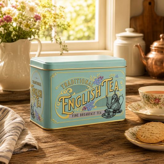 Traditional English Tea tin on a wooden table with a cup of tea and cookies.