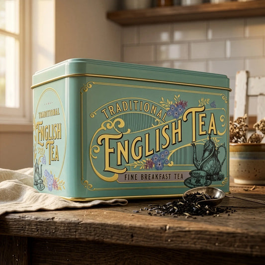 Traditional English Tea tin on a wooden table.