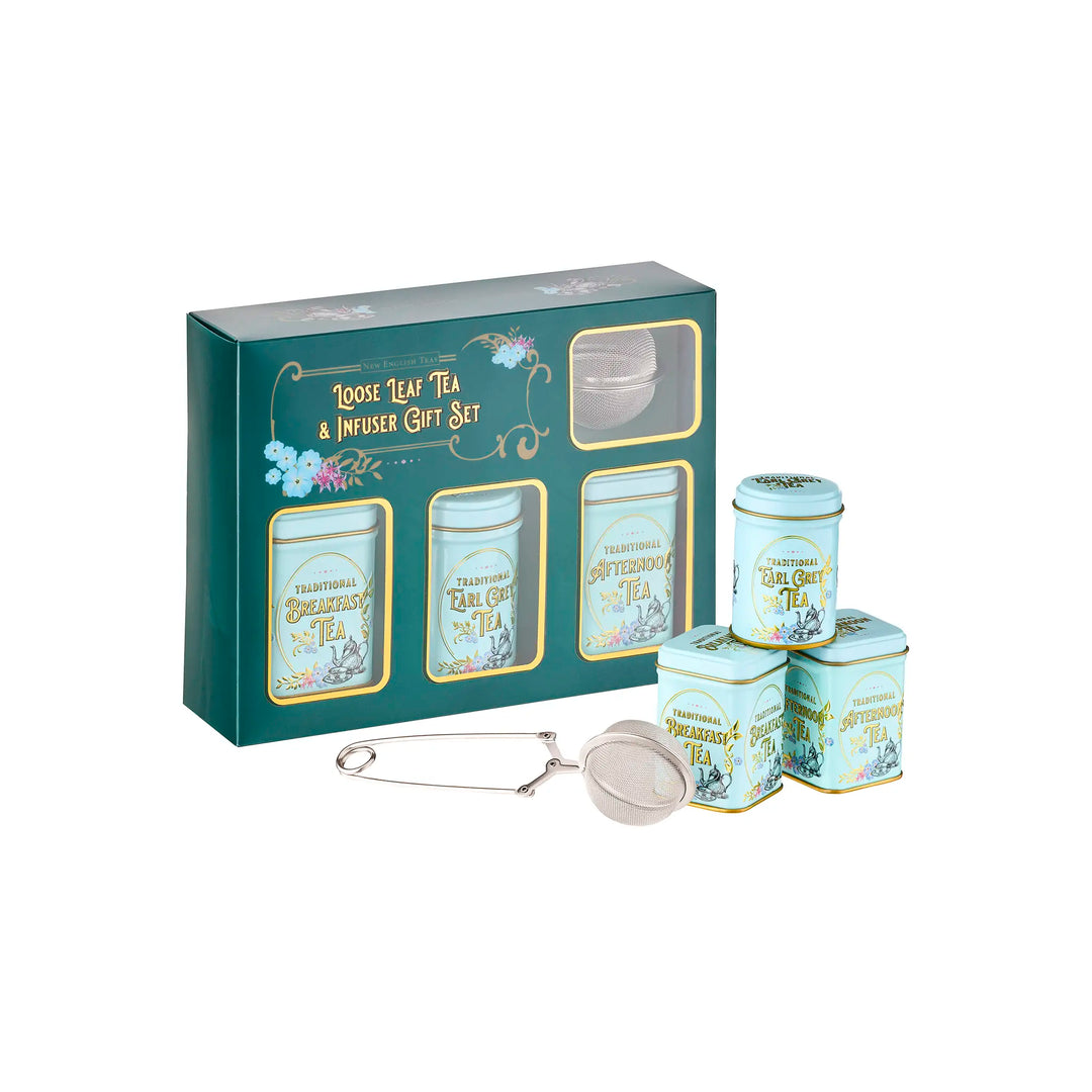 Loose leaf tea and infuser gift set with green packaging and tea tins on a white background