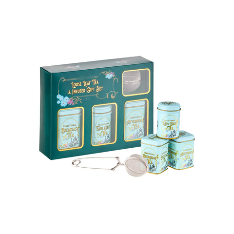 Loose leaf tea and infuser gift set with green packaging and tea tins on a white background