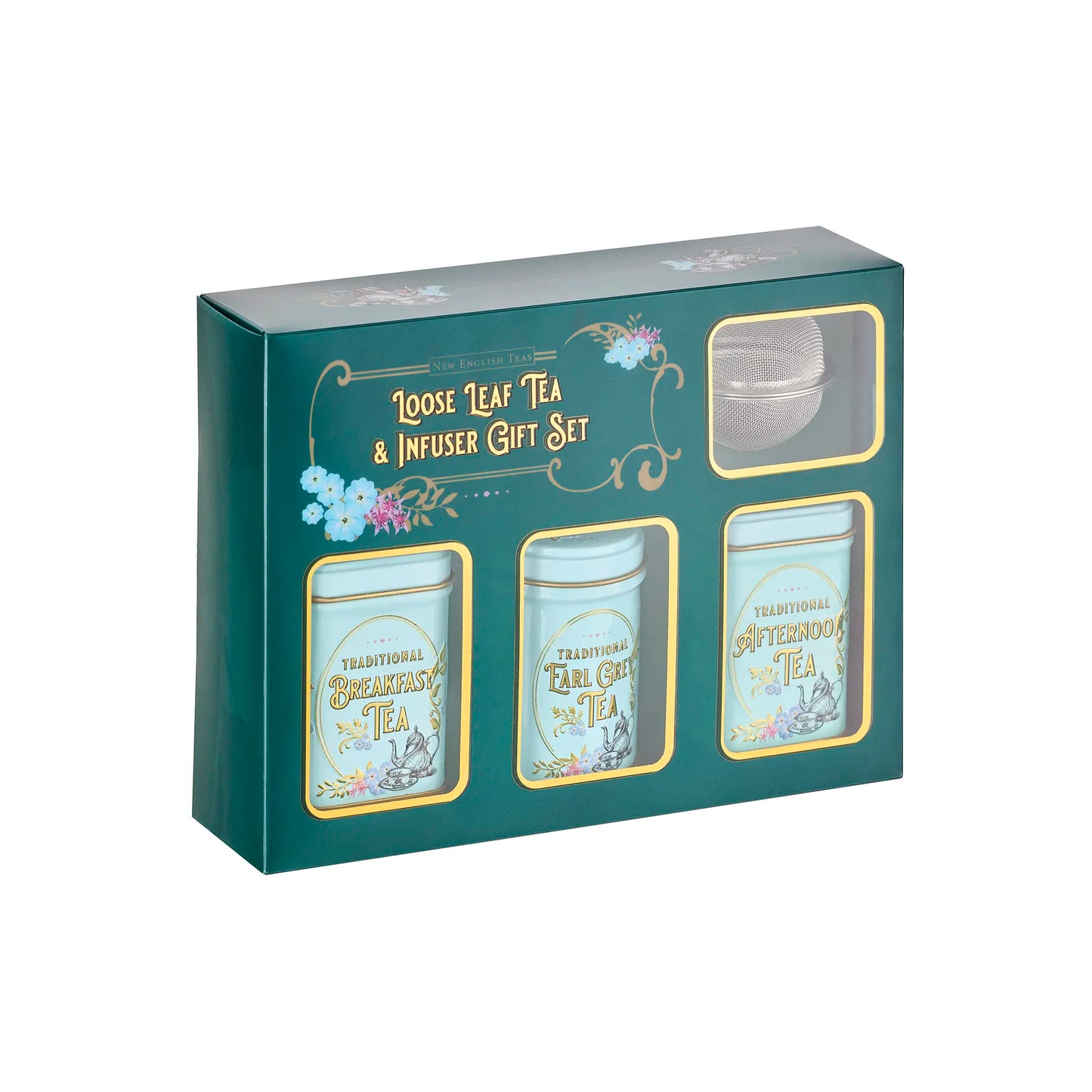 Loose leaf tea and infuser gift set packaging on a white background