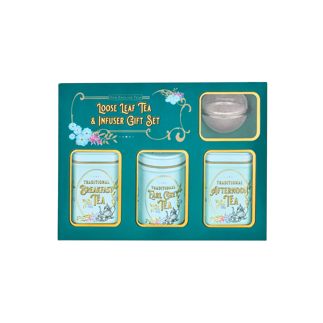 Loose leaf tea and infuser gift set packaging with three tea tins and an infuser on a teal background.