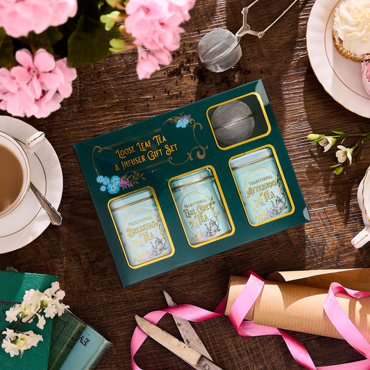 Vintage Victorian tea & infuser gift set with ribbons and wrapping paper