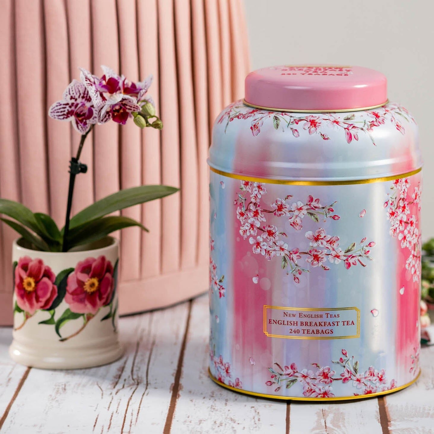 Cherry Blossom Water Colour Large Tea Caddy with 240 English Breakfast Teabags Tea Tins New English Teas 