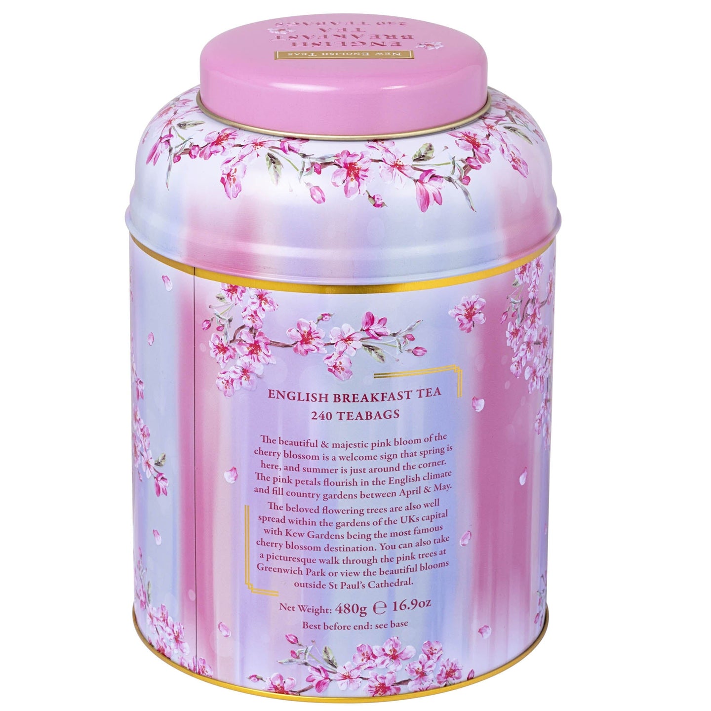 Cherry Blossom Water Colour Large Tea Caddy with 240 English Breakfast Teabags Tea Tins New English Teas 