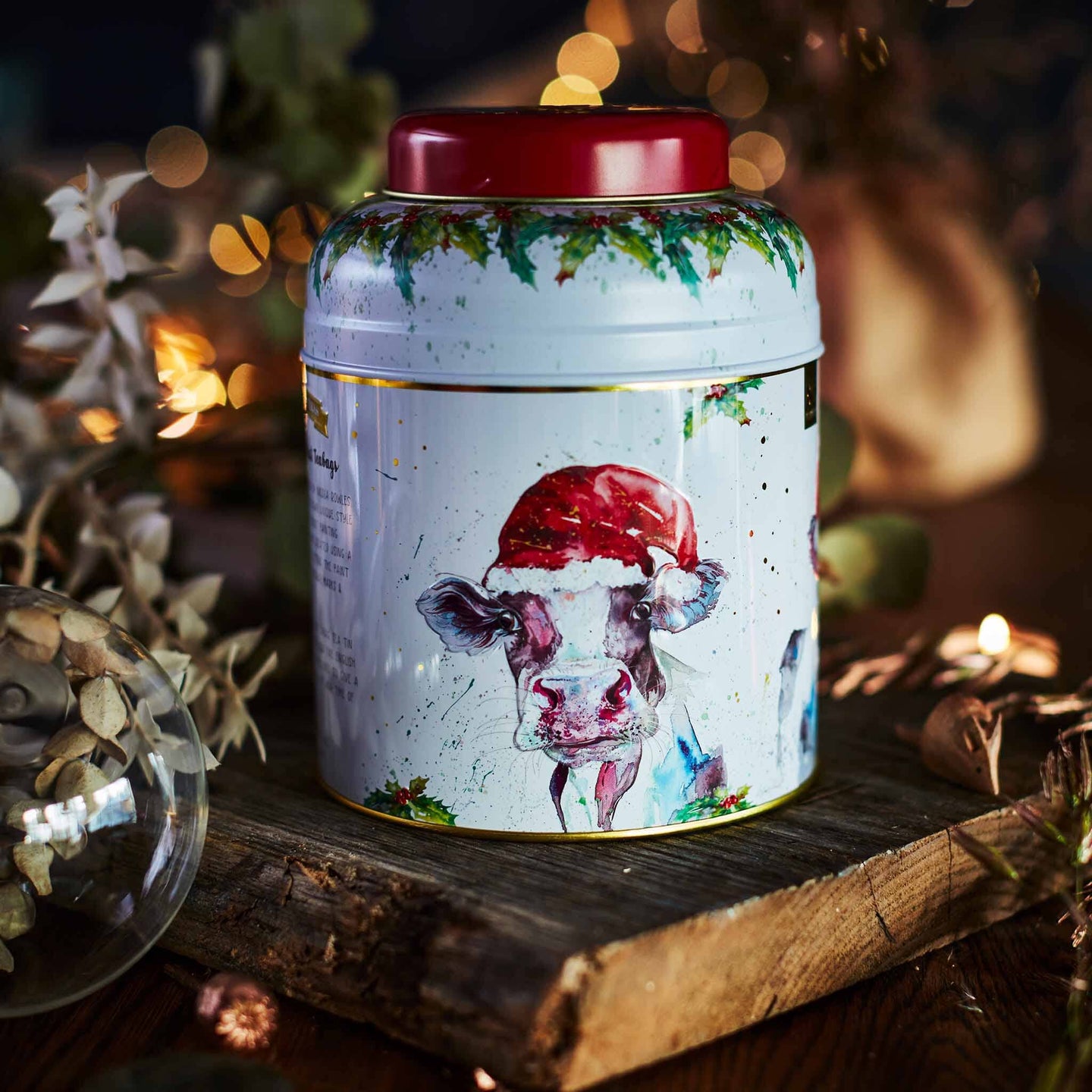 Festive Cow Tea Caddy by Nicola Rowles Tea Tins New English Teas 